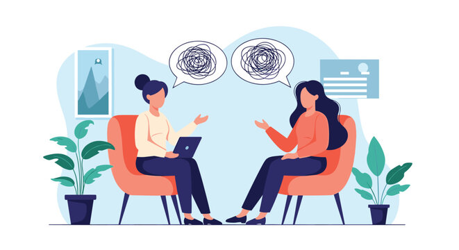 Two women sitting in armchairs and talking with messy thought bubbles above their heads representing mental health or coaching.