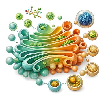 3D scientific illustration of Golgi apparatus cell organelle with transport vesicles and proteins on white background