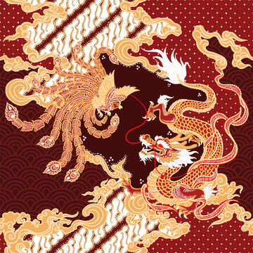 Vector traditional batik pattern with dragon and phoenix theme