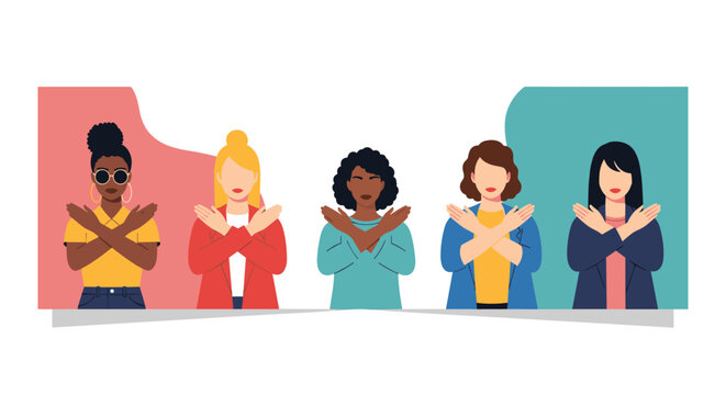 Diverse group of women of different ethnicities standing together and making the break the bias gesture with crossed arms for social equality.