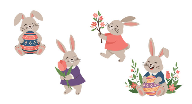 Adorable set of four cartoon easter bunnies holding decorated eggs and spring flowers to celebrate the holiday season with joy and happiness.