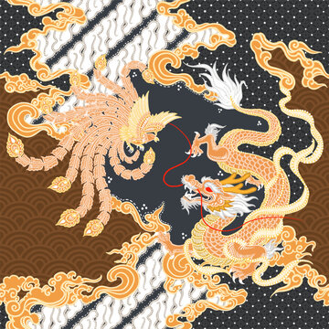 Vector traditional batik pattern with dragon and phoenix theme