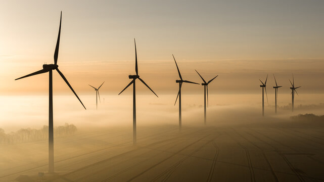 Aerial view of wind turbines piercing through the ethereal fog, casting long shadows across the fields in the golden light of dawn, Wislina, Pomeranian Voivodeship, Poland.