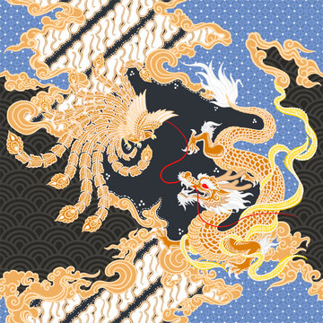 Vector traditional batik pattern with dragon and phoenix theme