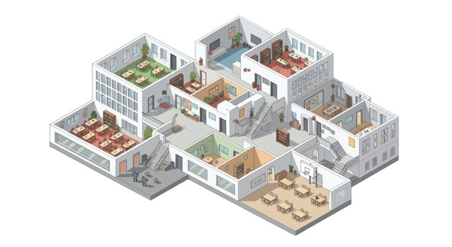 Isometric View of a Modern School Building with Multiple Classrooms and Facilities.