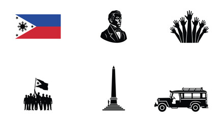 Obraz premium Philippines Independence Day Vector Set: Flag, Monument, Jeepney, National Hero Bust, and Waving Hands