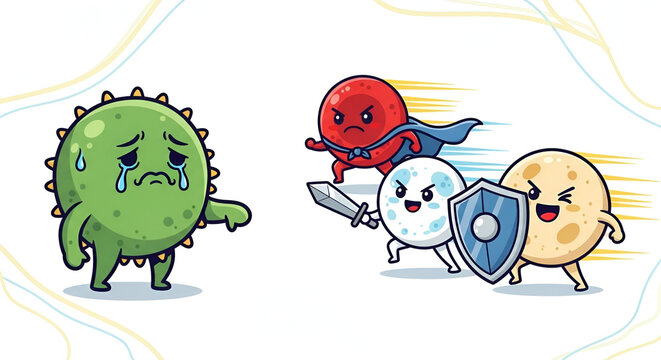 Cartoon virus defeated by white blood cells and a red blood cell superhero with shield and sword on white background