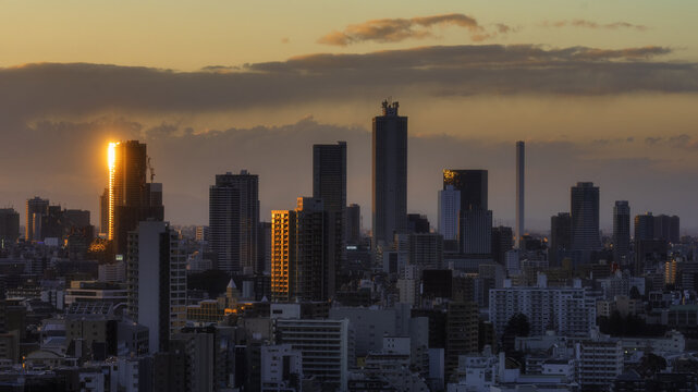 Aerial view of the city's skyscrapers silhouetted against the warm, golden glow of the setting sun, creating a stunning contrast of light and shadow, Bunkyo City, Tokyo, Japan.