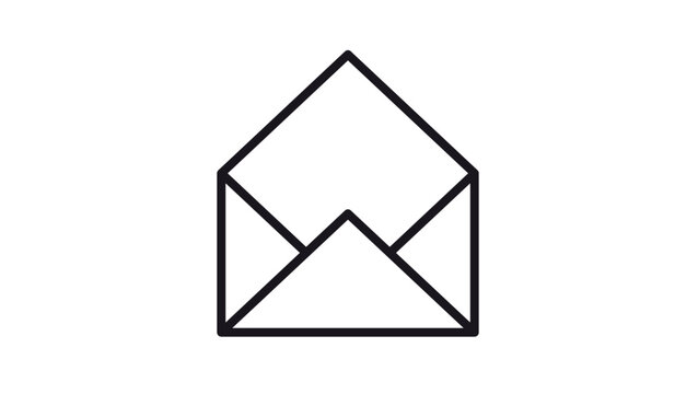 Minimalist black line art vector icon of an open envelope symbol for mail, email, and communication, isolated on a white background for web design, apps, and digital interface projects.