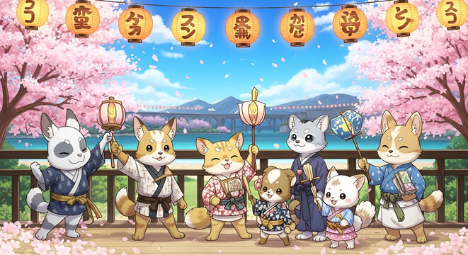 Charming cartoon dog characters in yukata robes enjoying a cherry blossom festival under festive paper lanterns illustration