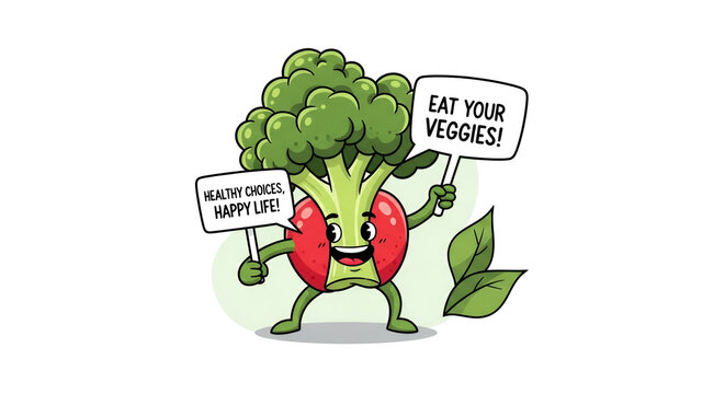 Cheerful broccoli and tomato cartoon character holding signs with healthy eating messages on a white background in vector art
