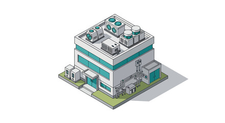 Obraz premium Modern Isometric Building with Rooftop Equipment and Air Conditioning Units.
