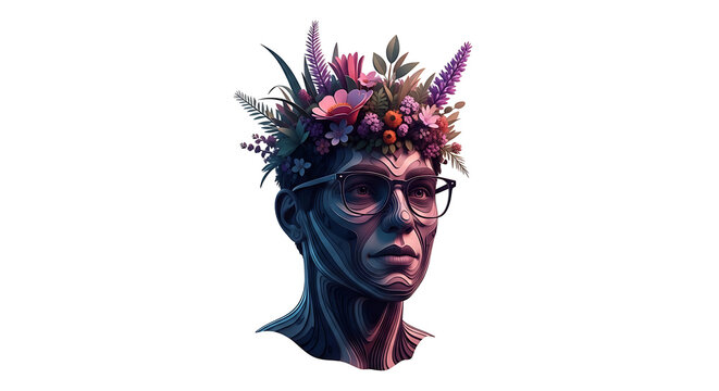 Pixelated portrait of a person wearing a floral crown and glasses, facing forward, digital art, vibrant colors, artistic, creative expression