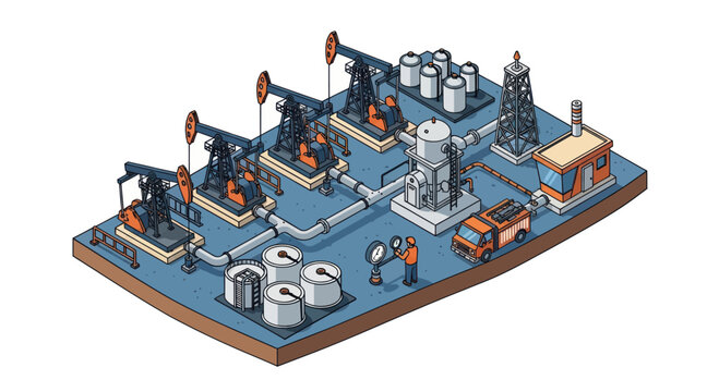 Oil extraction and processing facility with pumpjacks and storage tanks.
