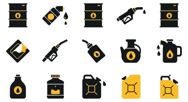 Oil industry equipment icons set isolated on a white background for energy sector marketing materials and industrial branding.