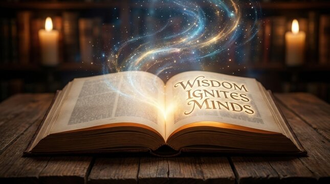 Sharp Focus on Open Book with Wisdom Ignites Minds