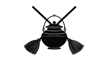 Fototapeta premium Black silhouette of a witch's cauldron with broomsticks.
