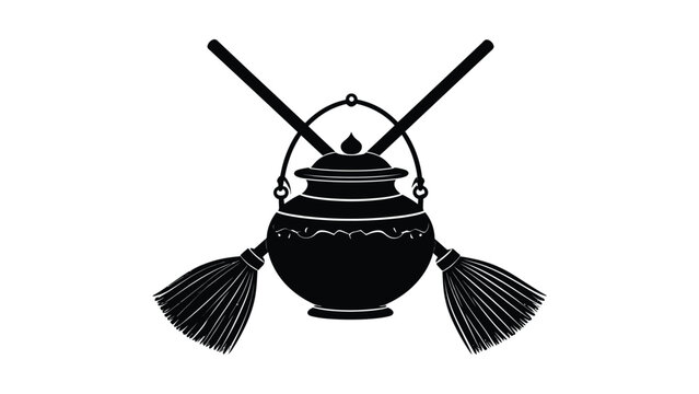 Black silhouette of a witch's cauldron with broomsticks.