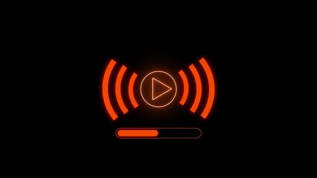 Glowing orange play button and progress bar animation on black background , Neon light video player and streaming control concept, Modern UI motion and technology background.