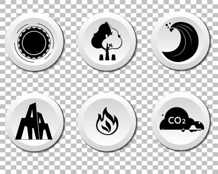 Climate change icon set. Containing global warming, greenhouse, melting ice, earth pollution and disaster icons. Solid icon set