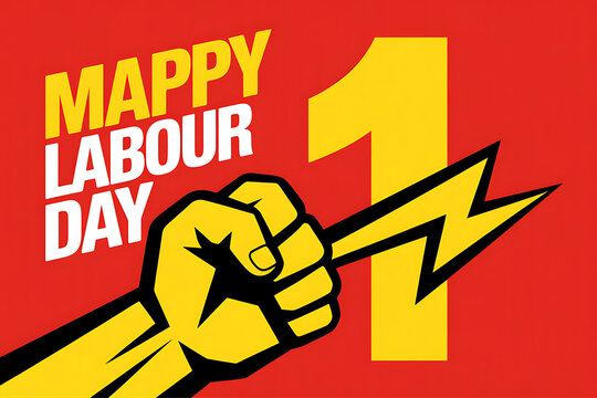 Happy labour day with clenched fist and lightning bolt on red background