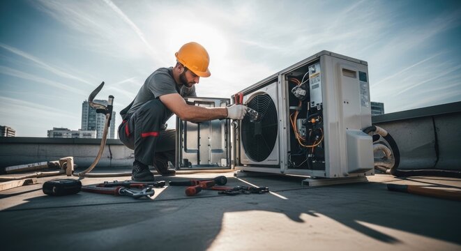 A man in a hard hat working on an HVAC unit on a rooftop.