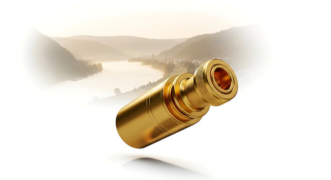 Polished golden industrial connector or fitting, precisely machined metal component, floating over a hazy valley landscape at sunrise, conveying precision engineering and manufacturing excellence