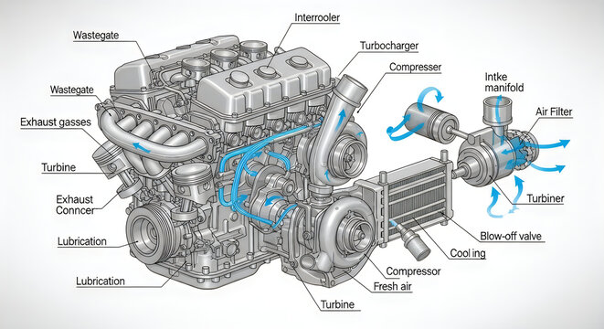 A detailed diagram of a turbocharged engine