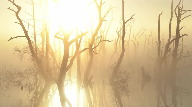 The sun shining through drowned trees in a lake during a foggy, spring morning