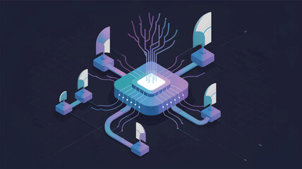 An isometric central computer chip connected to satellite dishes and a glowing digital circuit tree © srdesignhouse