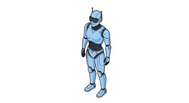 Pixel art robot soldier in light blue armor, isometric view, futuristic warfare, sci-fi character, digital illustration