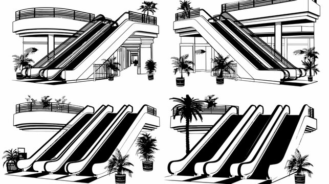 Montage shows an escalator illustration in four different viewing perspective points