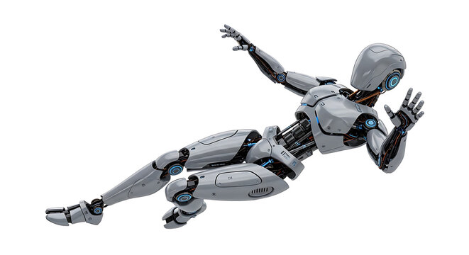 Pixel art robot figure in dynamic pose, appearing to run or fall, with visible mechanical joints and blue glowing accents on a transparent background, futuristic technology concept