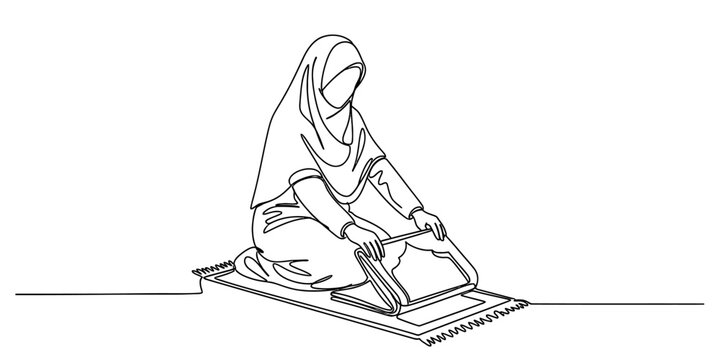 A continuous line drawing of a muslim woman folding her prayer mat after finishing her daily prayer