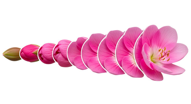 A beautiful pink flower blooms in a series of stages from bud to full blossom