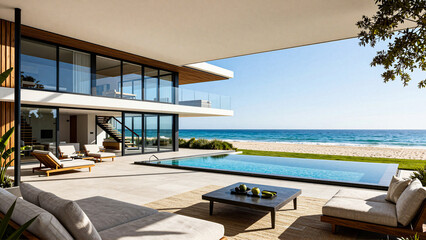 Fototapeta premium Luxury Beachfront Villa with Infinity Pool and Ocean View
