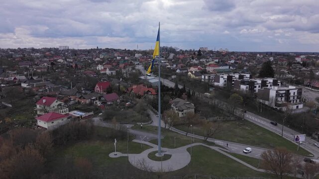 Giant Ukrainian Flag Over Vinnytsia City Skyline Aerial Drone View