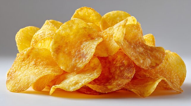 Golden crispy potato chips piled high on white surface