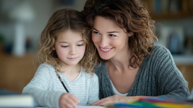 A warm homeschooling scene where a mother helps her daughter with an art and writing assignment, crayons and colored pencils scattered across the table, educational books stacked n
