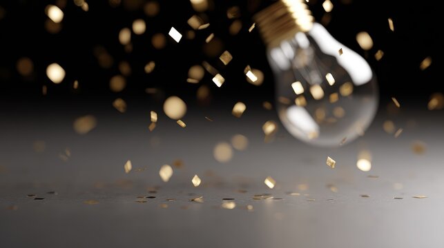 3D render of a lightbulb exploding into gold confetti, The Eureka Moment celebration