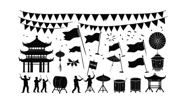 Chinese festival decorations and people celebrating.