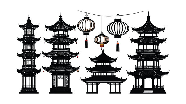 Chinese pagodas and lanterns illustration set.