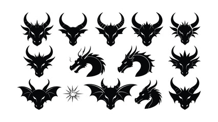 Fototapeta premium Collection of fantasy dragon heads and creatures.