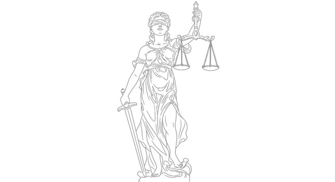 Detailed line art drawing of Lady Justice, blindfolded, holding a sword and scales, symbolizing justice and law.