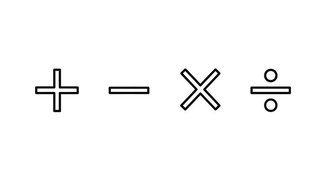 Outline icons of basic mathematical operations: addition, subtraction, multiplication, and division symbols on a white background.