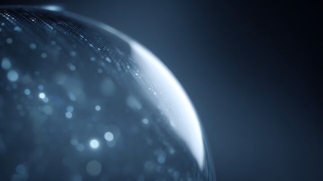 A glowing 3D digital shield protecting a floating glass sphere filled with data bits