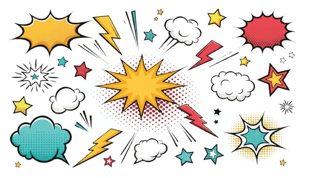 Set of comic book style speech bubbles stars lightning bolts for graphic design pop art explosion lightning illustration abstract creative