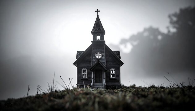 Small, isolated church in moody, foggy landscape. High contrast, vintage feel