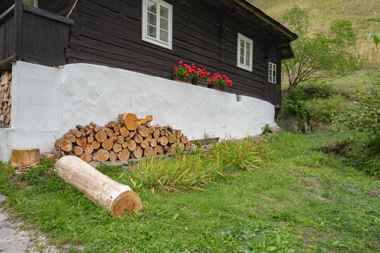 View of a quaint, dark wood cabin with white trim and vibrant red flowers sits atop a white stone base, firewood stacked nearby, Prasnica, Banska Bystrica Region, Slovakia.