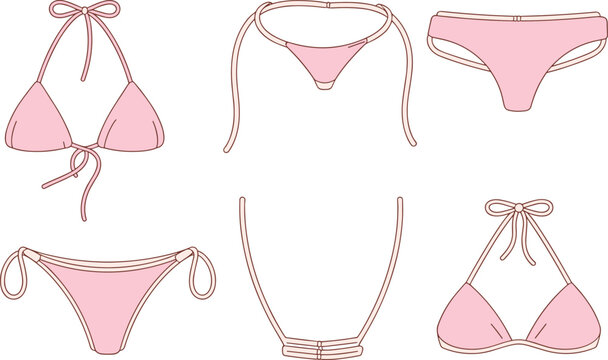 Collection of pink bikini pieces and sets in outline and flat color on white swimwear swimsuit